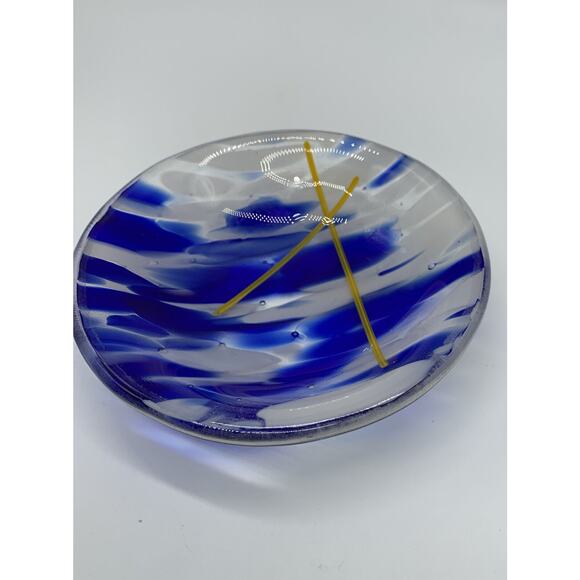 Cobalt Blue White Mottle Art Glass Trinket Dish Bowl 1” x 4" With Yellow Accent - Picture 5 of 9